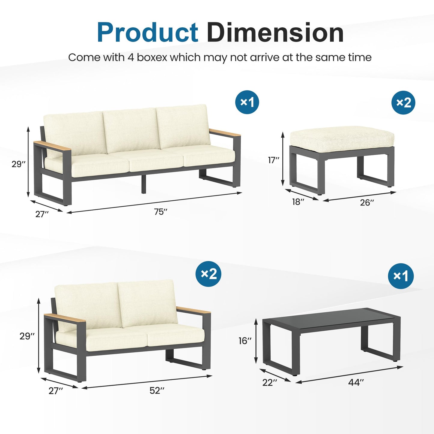 May in Color Aluminum Patio Furniture, 6 Piece Metal Outdoor Furniture Set with Coffee Table & Ottomans, Modern Patio Sofa Sets Outdoor Conversation Set for Pool Garden Porch Backyard, Beige