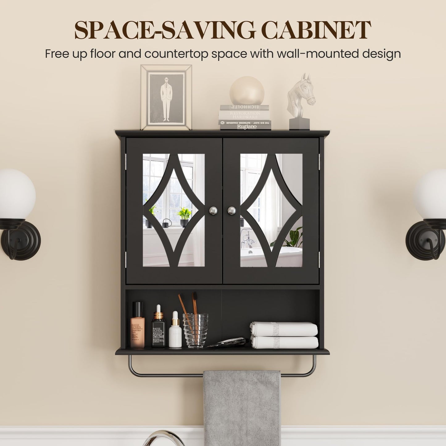 RoyalCraft Bathroom Mirror Cabinet, Wall Mount Medicine Cabinet with Adjustable Shelves, Towel Bar, Black