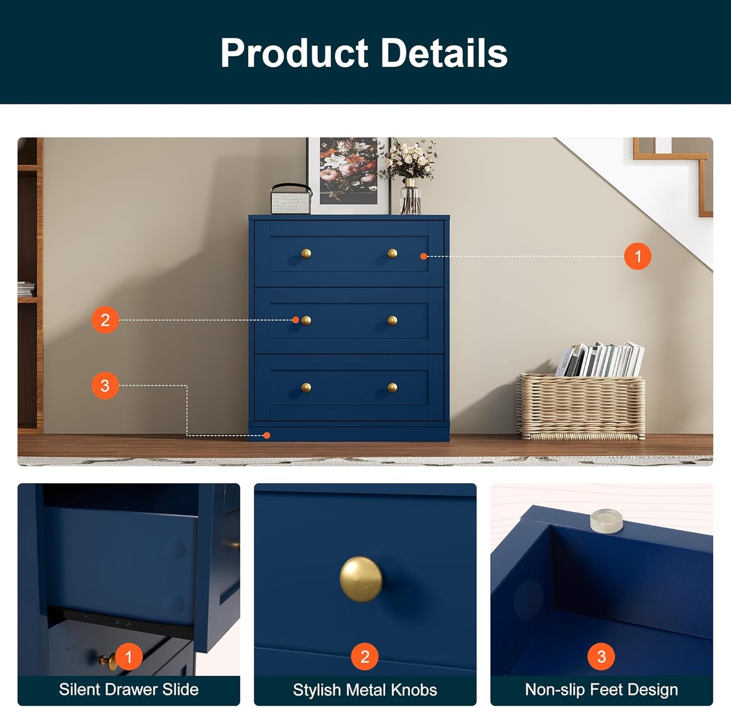 Royalcraft 3-Drawer Nightstand, Spacious Bedside Table with Gold Round Knobs, Modern Wooden End Table, Accent Chest of Drawers for Bedroom, Living Room, Hallway, or Closet