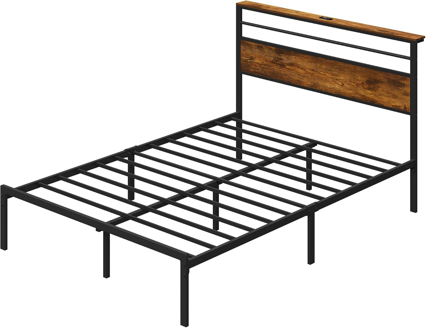 Royalcraft Bed Frame: Industrial Platform Bed w/ Wood Headboard, Storage Shelves, LED lights, and Steel Slats, No Box Spring Needed, Easy Assembly