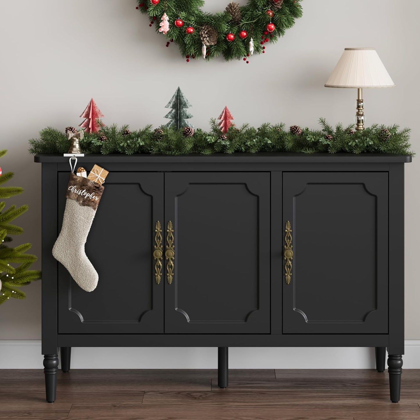 RoyalCraft Storage Cabinet with 3 Doors, Mid-Century Sideboard Cabinet with Adjustable Shelves, Wood Buffet Cabinet with Turned Legs, Accent Cabinet for Entryway, Living Room, Dining Room