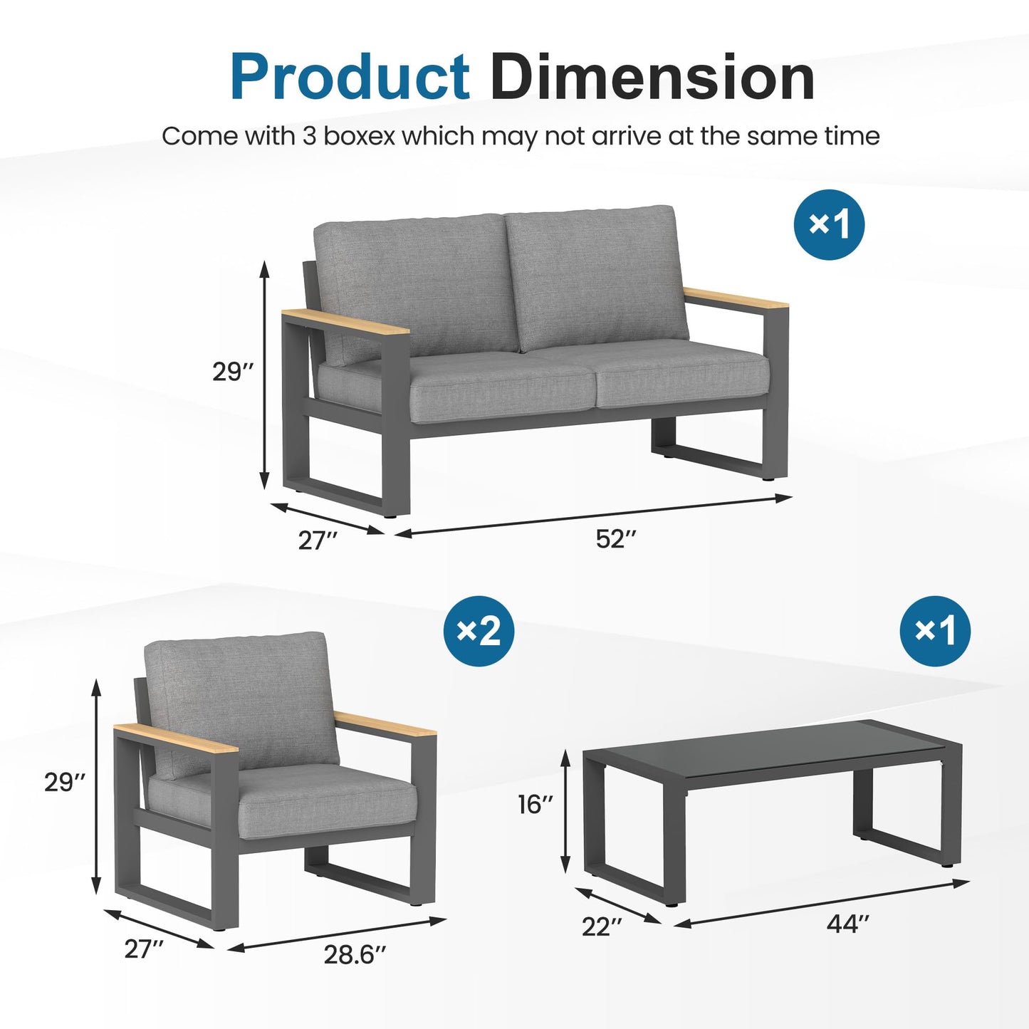 Aluminum Outdoor Patio Furniture Set with Height-adjustable Footrest for Lawn Porches Patio, 4-Seats All-weather Patio Sofa Sets with Coffee Table, Modern Outdoor Patio Conversation set, Grey