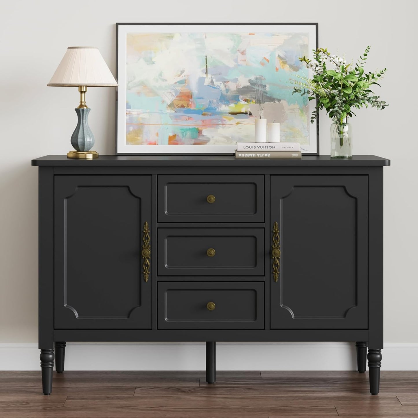 RoyalCraft Storage Cabinet with 2 Doors & 3 Drawers, Mid-Century Sideboard Cabinet with Adjustable Shelves, Wood Buffet Cabinet with Turned Legs, Ideal for Entryway, Living Room, Dining Room