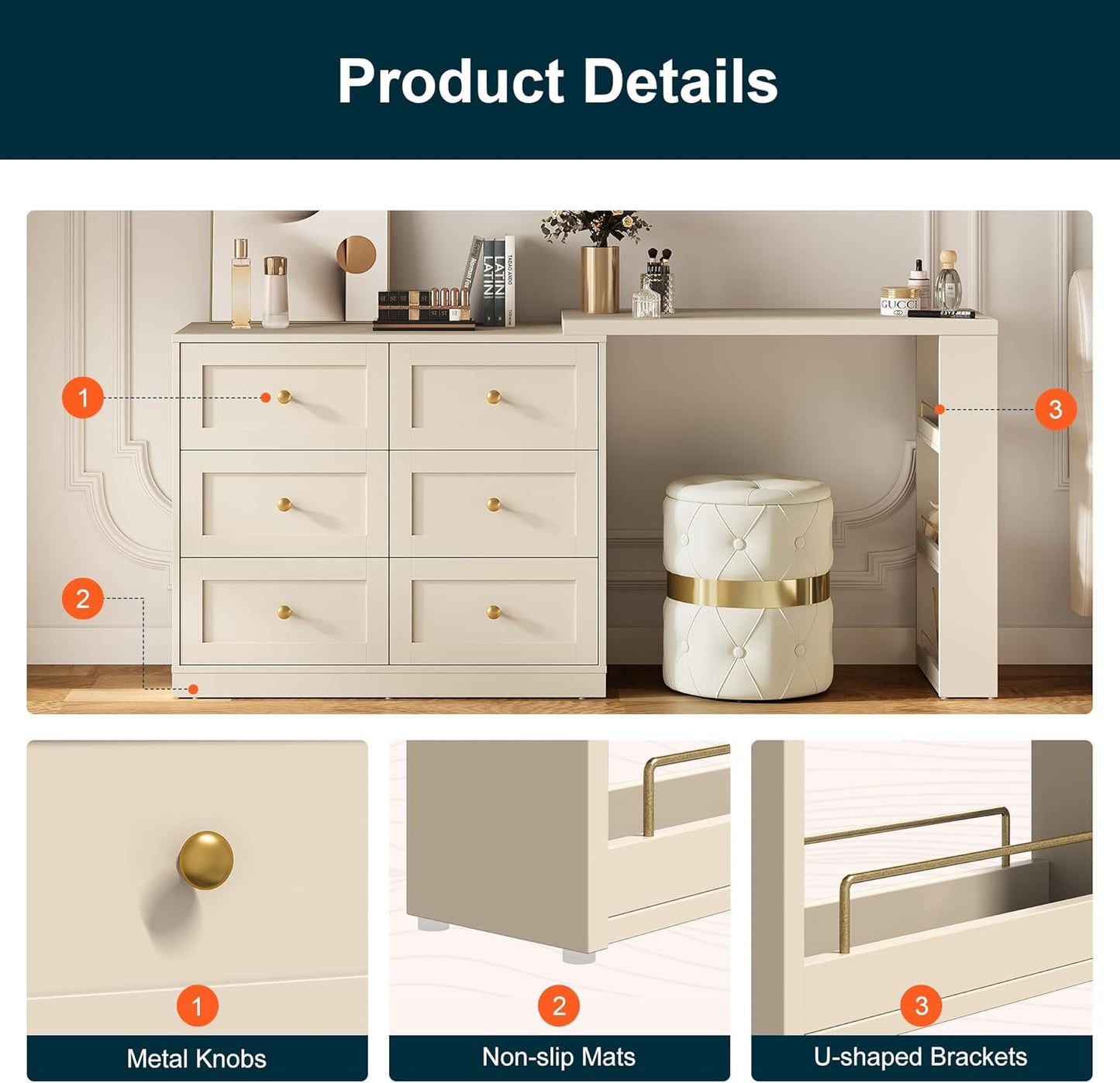 Royalcraft 6-Drawer Extendable Corner Vanity Table and Dresser Combo with 3 Side Shelves, Makeup Vanity Desk, Wood Dressing Table for Bedroom, Dressing Room