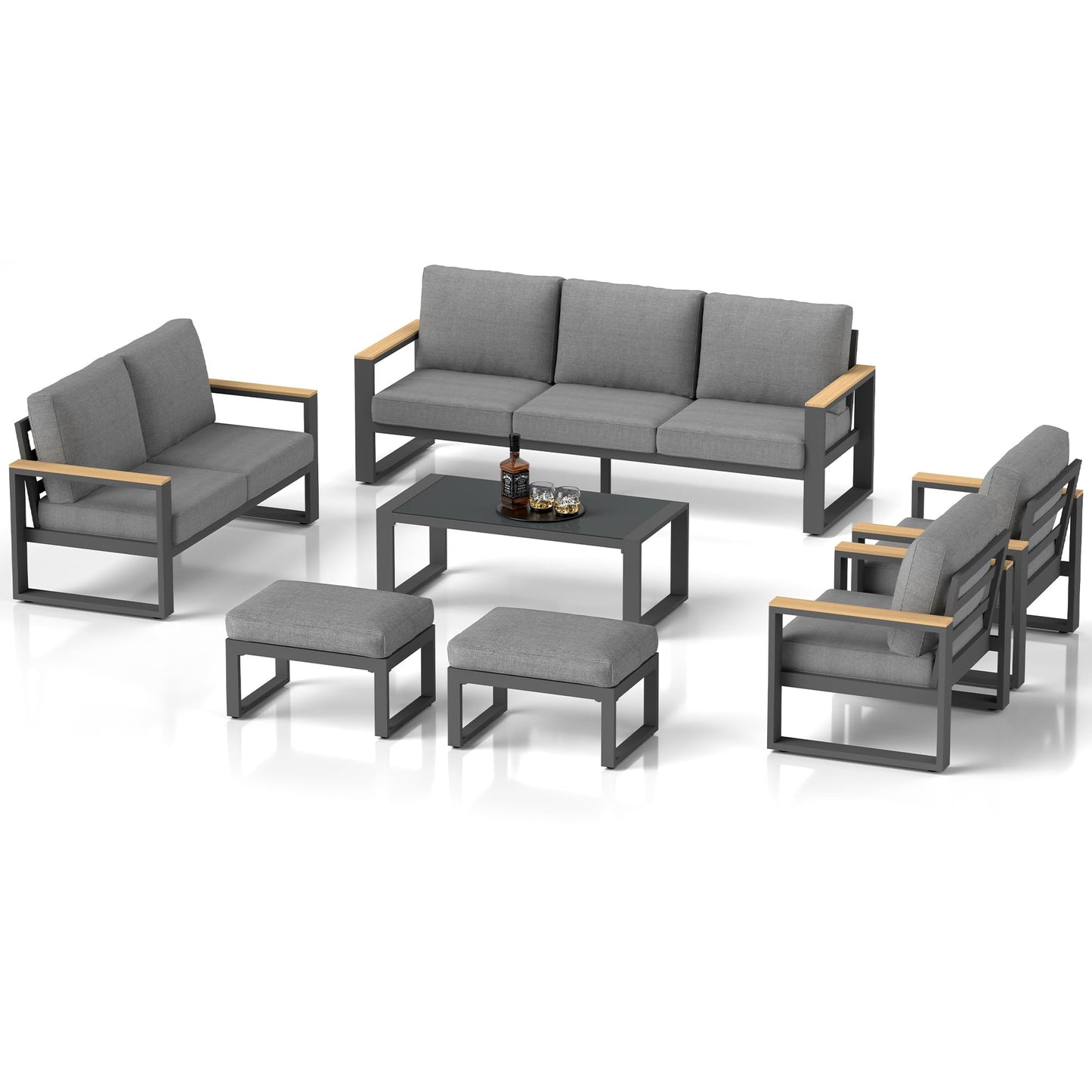 Aluminum Outdoor Patio Furniture Set with Height-adjustable Footrest for Lawn Porches Patio, 6 Piece All-weather Patio Sofa Sets with Coffee Table & Ottomans, Outdoor Patio Conversation set, Grey