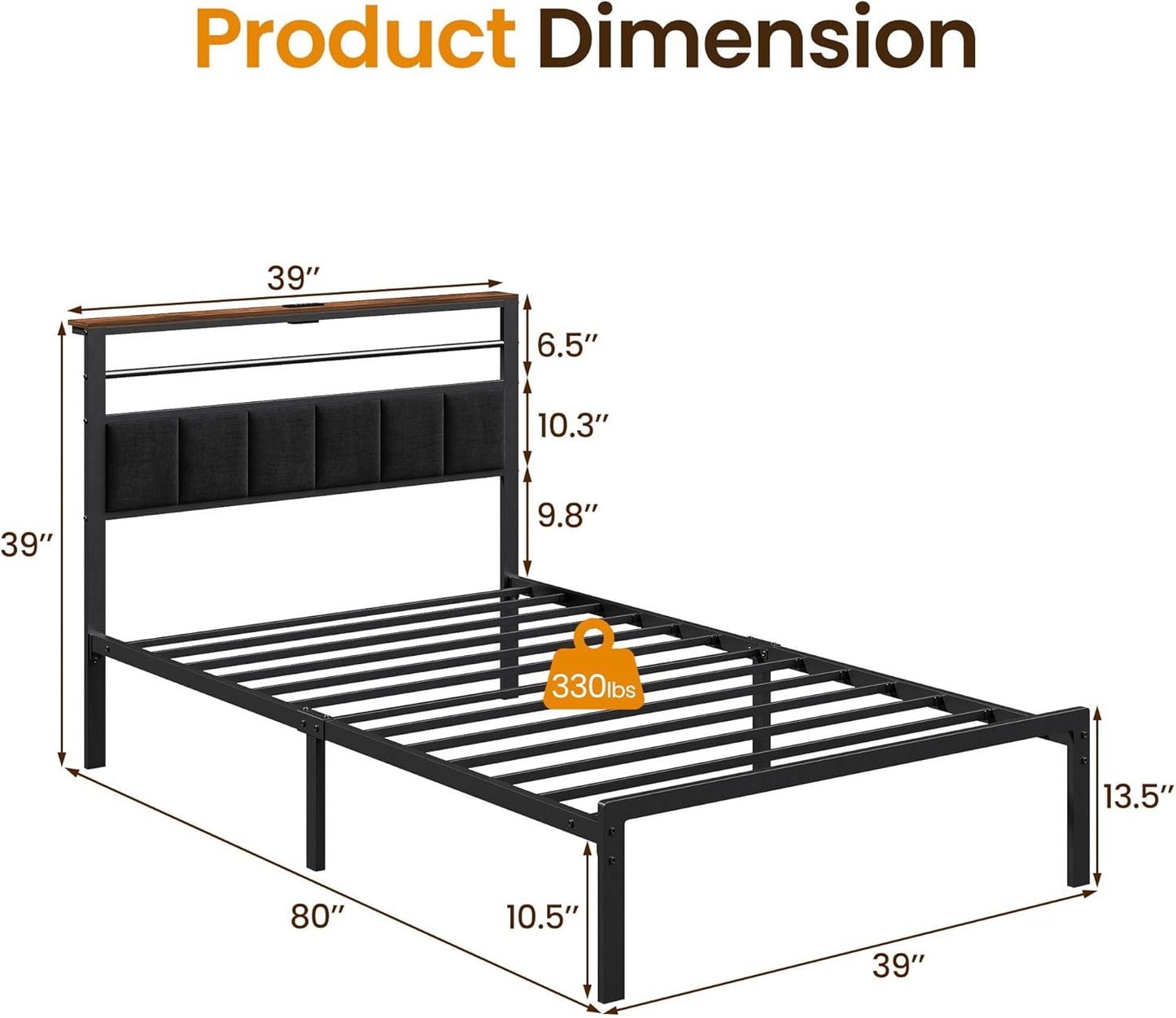 Royalcraft Bed Frame with Charging Station, Platform Bed with Metal Slats, Upholstered Headboard with Storage Shelves, No Box Spring Needed