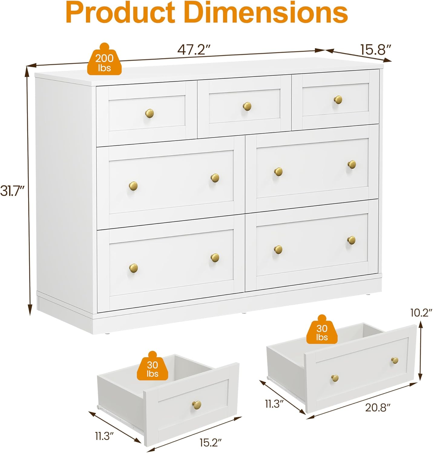 Royalcraft 7 Drawer Dresser, Modern Chest of Drawers with Gold Knobs, Wooden TV Stand Storage Organizer for Bedroom, Living Room, Entryway