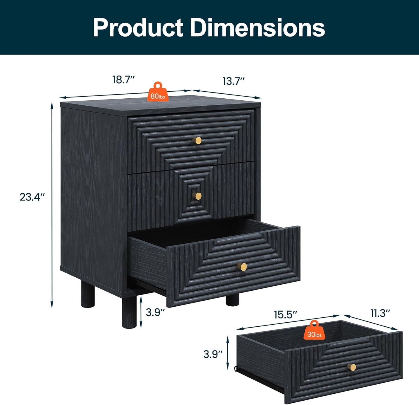 RoyalCraft 3 Drawer Nightstand, Small Dresser with Solid Wood Legs, Wooden Storage Night Stand Side Table, Modern Chest of Drawers Organizer for Bedroom, Living Room, Entryway