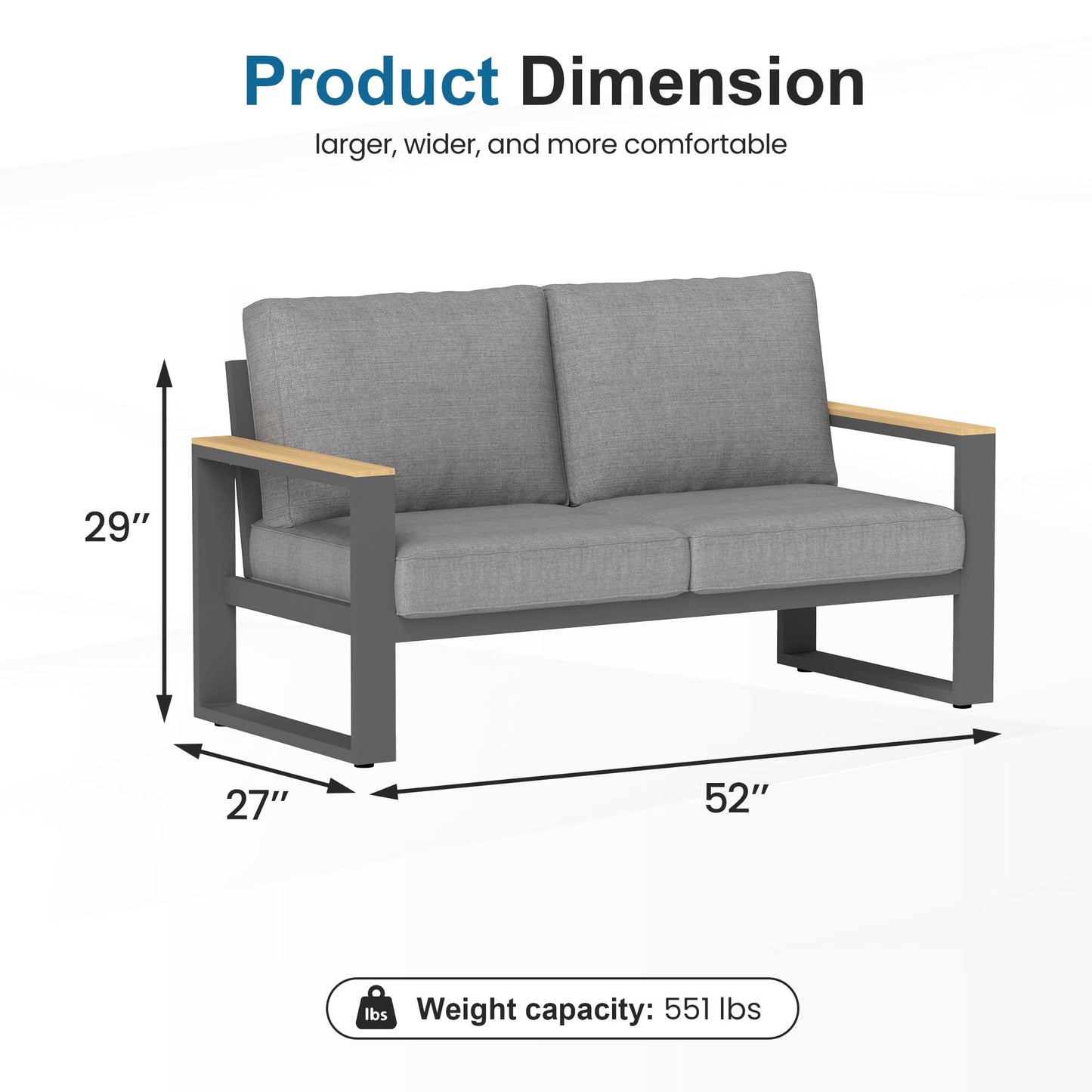 May in Color Aluminum Outdoor Loveseat, All-Weather Metal Patio Furniture Sofa, Patio Sofa Chair for Porch Backyard Garden, Grey