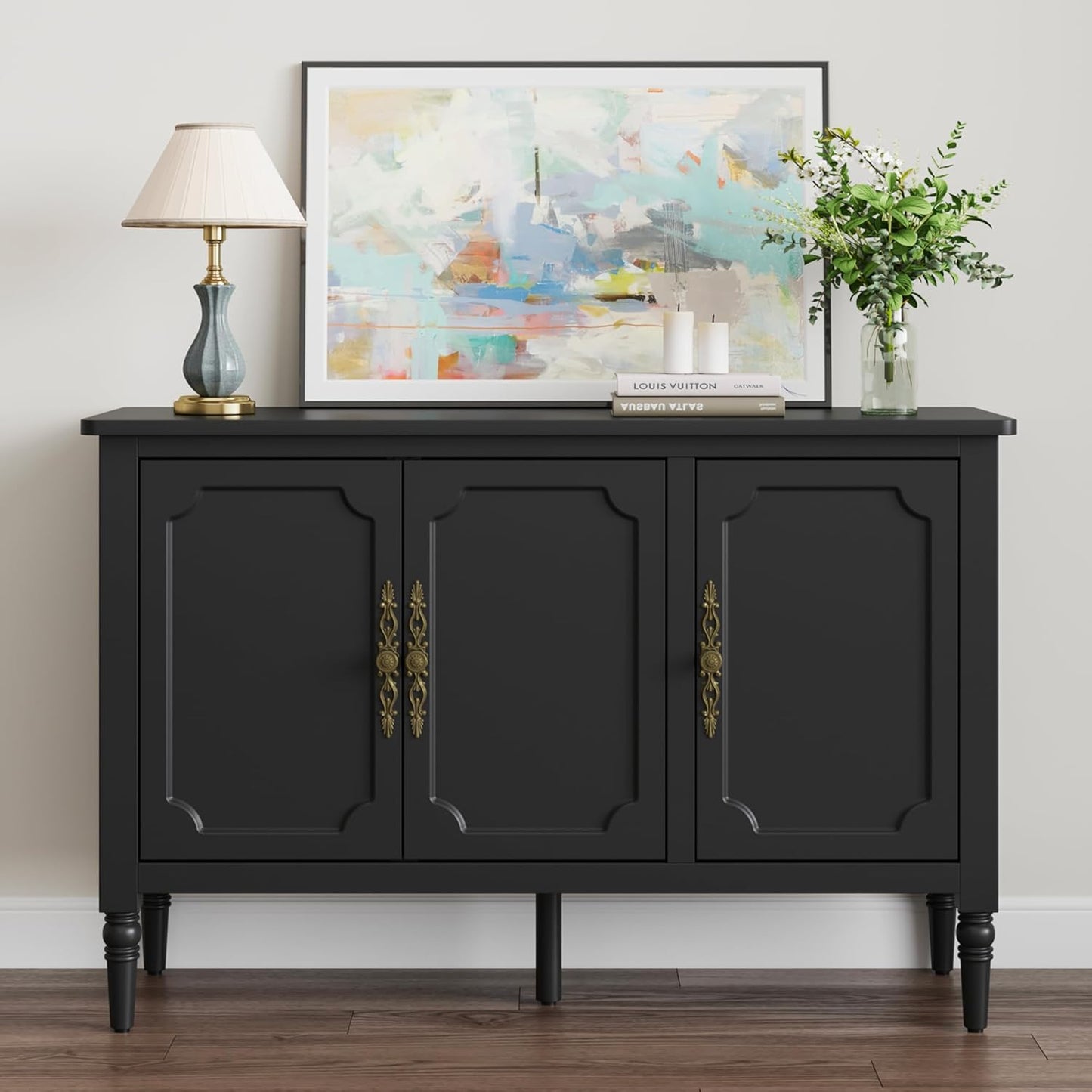 RoyalCraft Storage Cabinet with 3 Doors, Mid-Century Sideboard Cabinet with Adjustable Shelves, Wood Buffet Cabinet with Turned Legs, Accent Cabinet for Entryway, Living Room, Dining Room