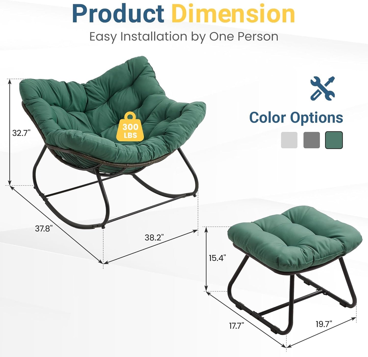 RoyalCraft Patio Rocking Chair with Ottoman and Cushions, Patio Wicker Egg Chair for Outdoor & Indoor, Oversized Papasan Chair, Outdoor Lounge Recliner Chair for Garden, Porch