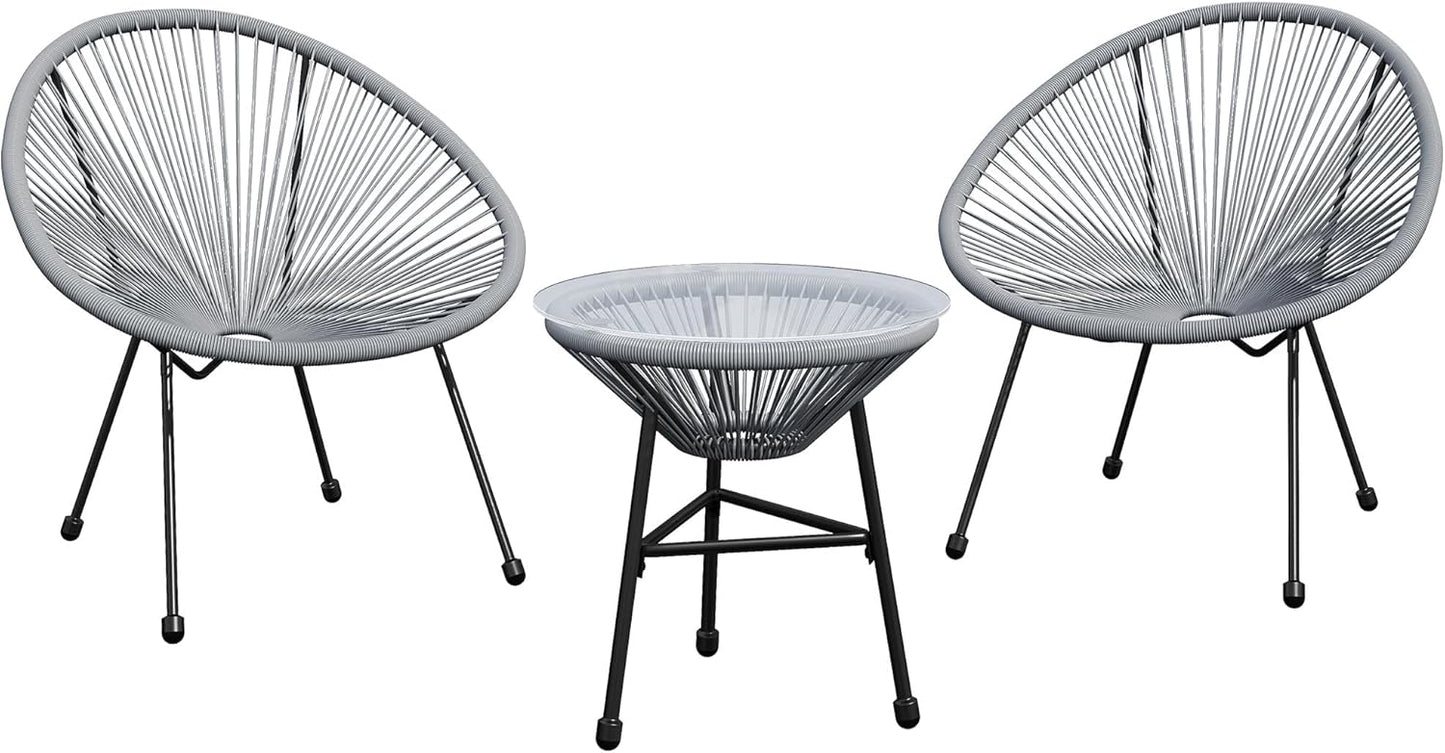 Royalcraft 3-Piece Outdoor Acapulco All-Weather Patio Conversation Bistro Set, Outdoor Woven Rope Chairs and Glass Top Table, 3 Piece Patio Bistro Set for Yard Balcony Poolside, Grey