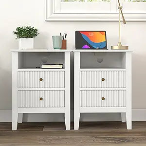 RoyalCraft Fluted Nightstand Set of 2 with Charging Station, White End Table with 2 Silent Slide Drawers & Storage Shelf, Modern Side Table, Wood Night Stand Cabinet for Living Room, Bedroom