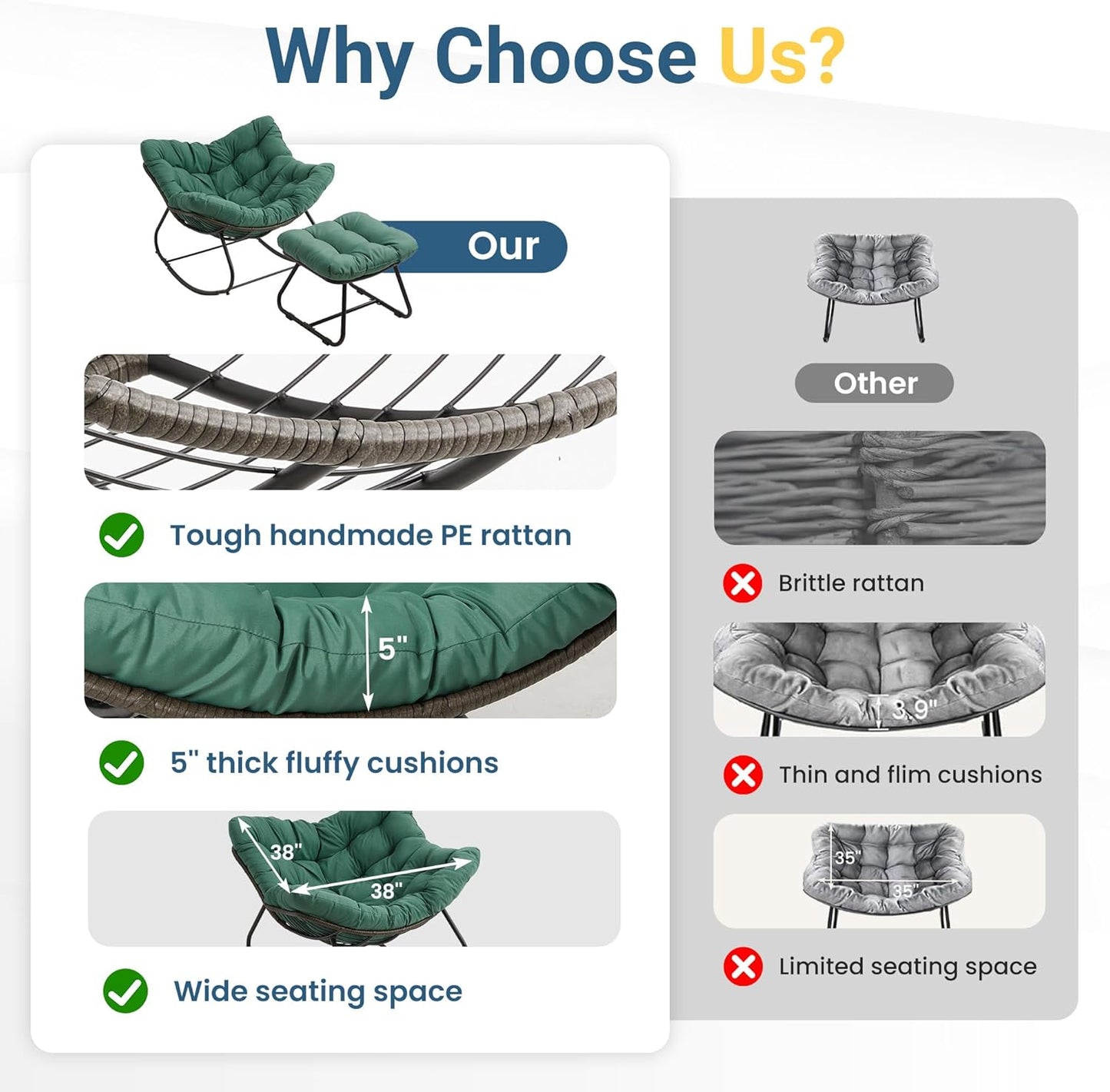 RoyalCraft Patio Rocking Chair with Ottoman and Cushions, Patio Wicker Egg Chair for Outdoor & Indoor, Oversized Papasan Chair, Outdoor Lounge Recliner Chair for Garden, Porch