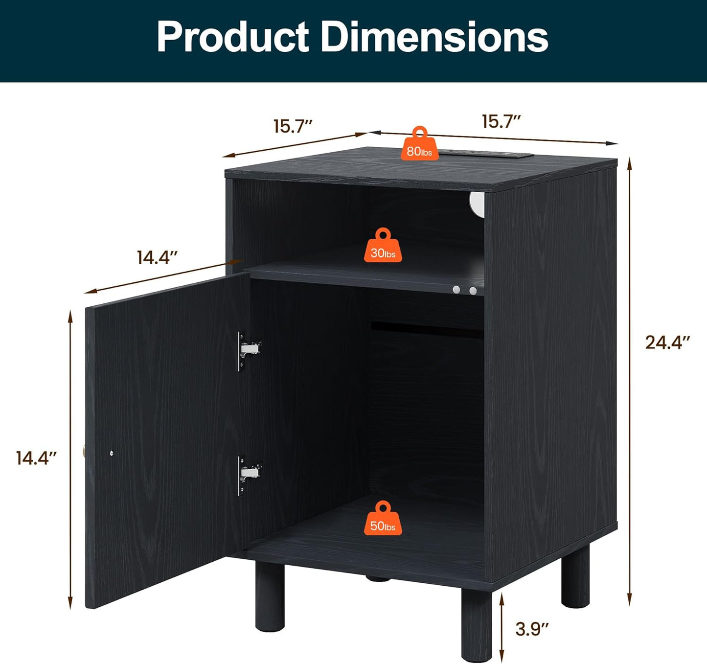 Royalcraft Nightstand with 1 Door, Modern Side Table with Charging Station,  Accent End Table with Solid Wood Legs, Bedside Table for Living Room, Bedroom, Entryway