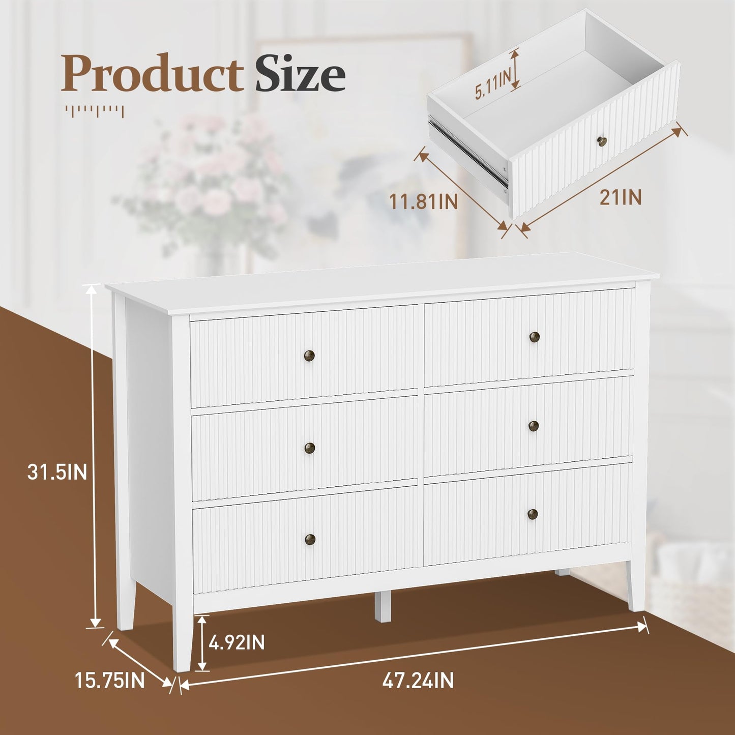 RoyalCraft White Fluted 6 Drawer Dresser for Bedroom, Modern Chest of Drawers, Wood Dresser for Storage Clothes, Wooden Storage Cabinet for Bedroom, Hallway, Living Room, Entryway