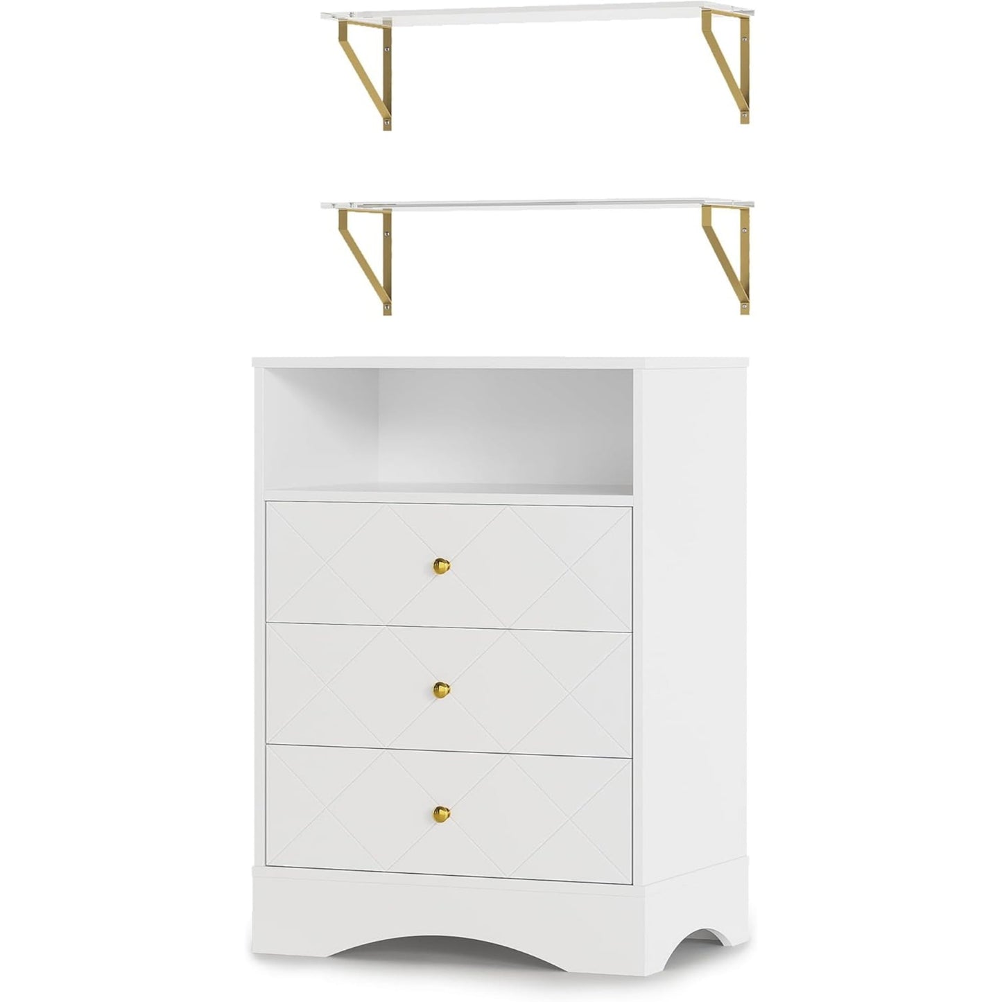 CozyHome Dresser with Drawers & Floating Shelves, 3 Drawer Dresser with Open Storage & Painted Finish, Modern Storage Dresser for Toddler Room, Bedroom, Closet, Hallway, White