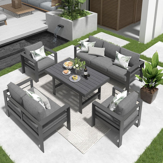 RoyalCarft Aluminum Patio Furniture Set,5 Pieces Modern Outdoor Conversation Set Sectional Sofa with Upgrade Cushion and Dining Table, Grey