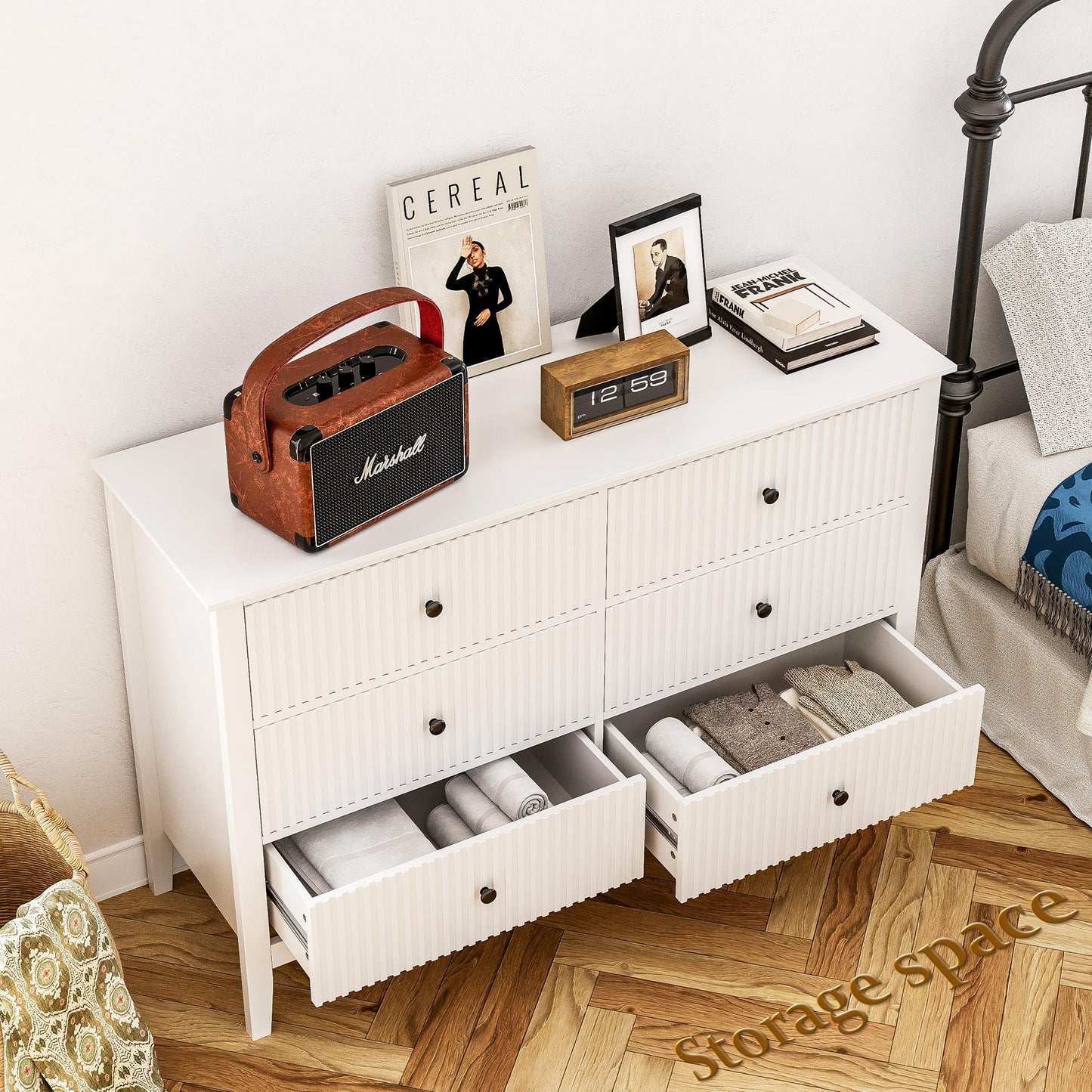 RoyalCraft White Fluted 6 Drawer Dresser for Bedroom, Modern Chest of Drawers, Wood Dresser for Storage Clothes, Wooden Storage Cabinet for Bedroom, Hallway, Living Room, Entryway