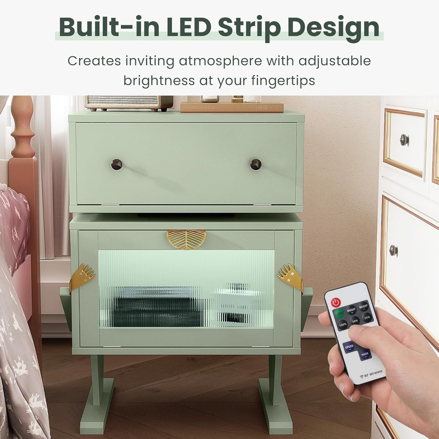 Superjoe Nightstand with LED Light Strips, Modern End Table with 360° Rotating Drawer, Bedside Table with Glass Door Storage, Wood Night Stand Cabinet for Living Room, Bedroom, Green