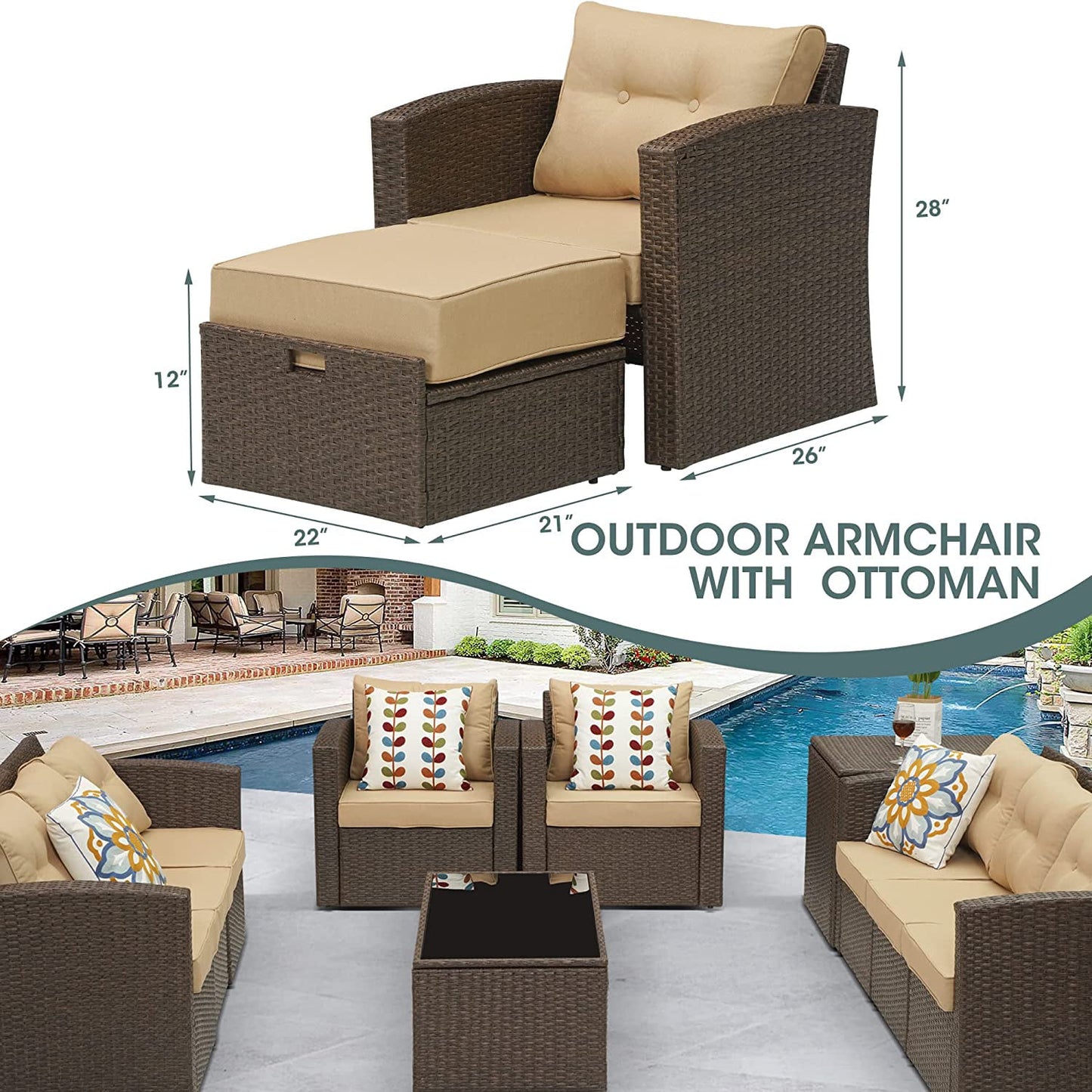 RoyalCraft Modular Collections Patio Sofa Chair with Ottoman, Outdoor Brown Rattan Lounger Sofa Chair Set with Seat and Back Cushions, Aluminum Frame