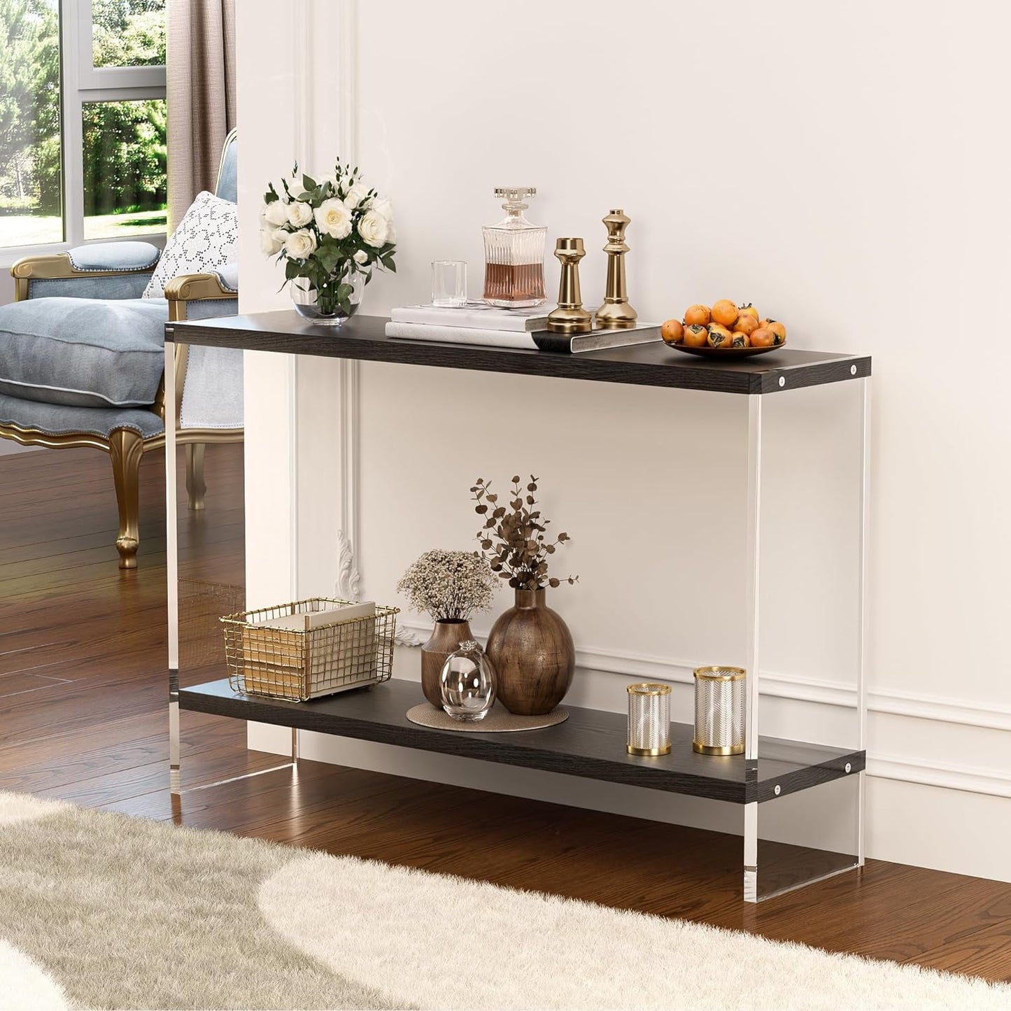 Acrylic Console Table, 47.24" Modern Entryway Table with Storage Shelf, Clear Acrylic Doorway Table, 2-Tier Sofa Table for Living Room, Bedroom, Hallway, and Dining Room (Black)