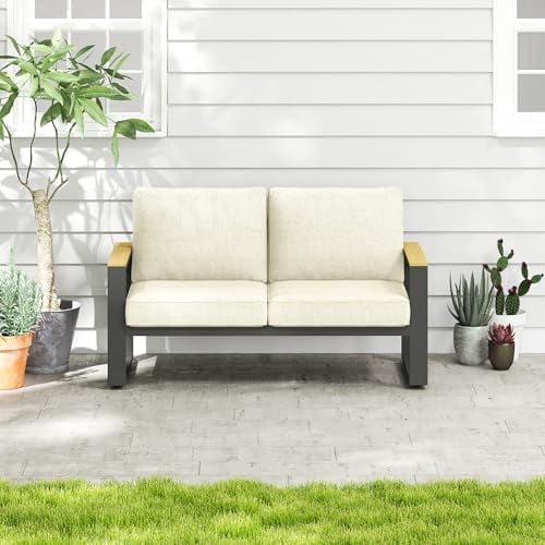Mayincolor Patio Loveseat, Aluminum Patio Sofa with Upgraded Cushions, All-Weather Outdoor 2 Seats Sofa Couch for Pool Garden Porch Backyard, Beige