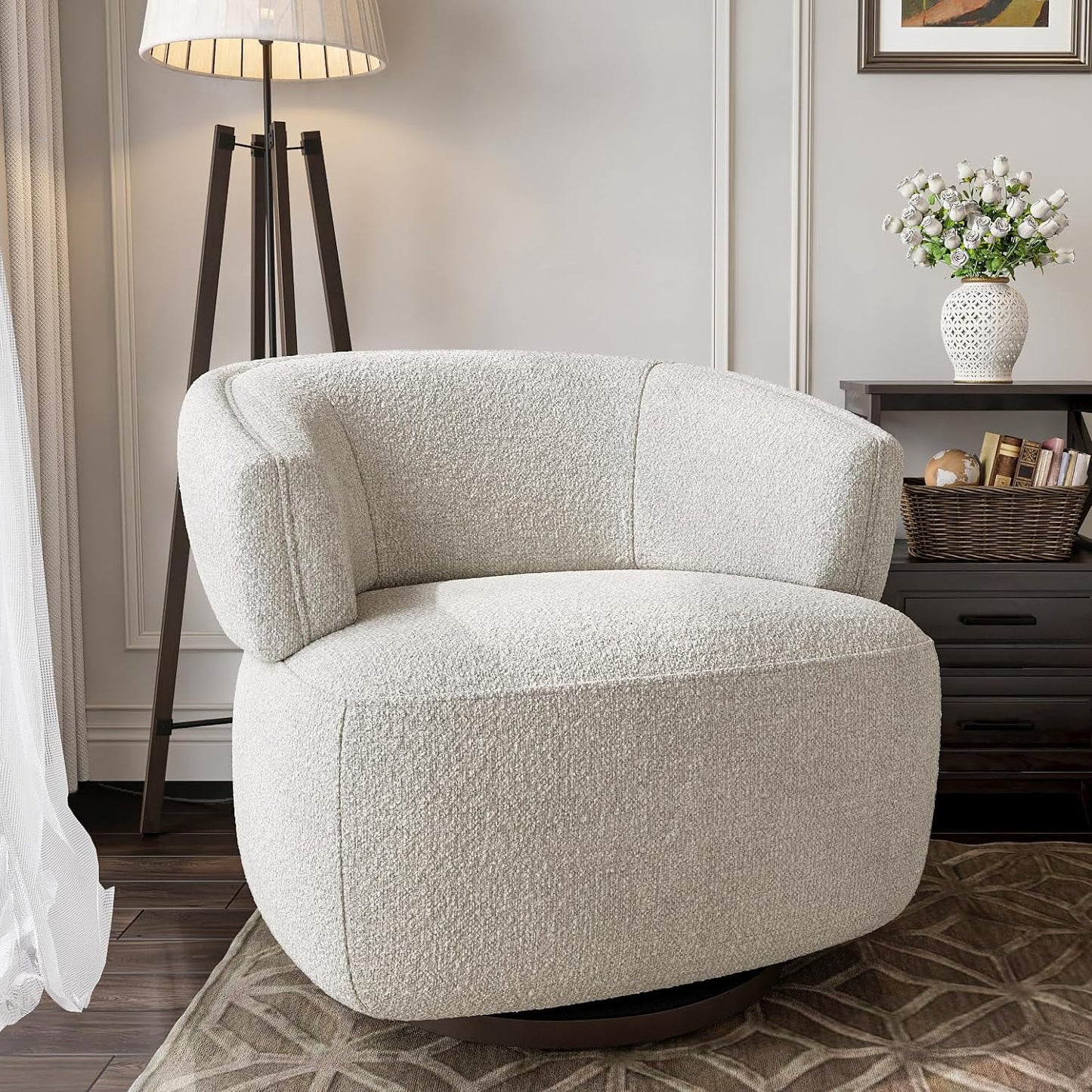 RoyalCraft Swivel Barrel Chair, Fully Assembled Accent Lounge Sofa with 360-Degree Base, Oversized Upholstered Reading Chair, Modern Round Club Chair for Living Room, Bedroom, Office, Ivory