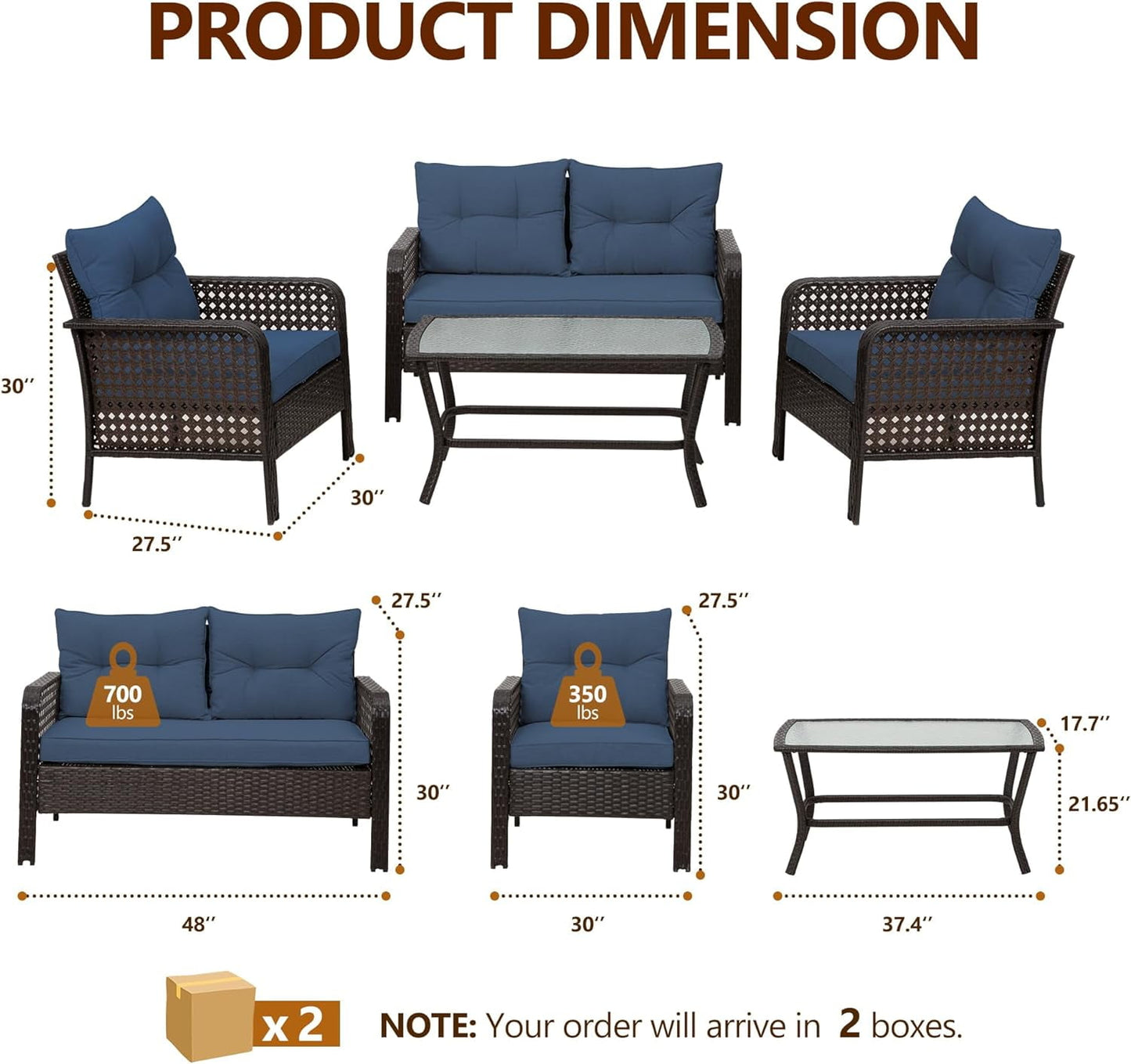 CozyHom 4-Piece Patio Furniture Set, Outdoor Rattan Chair Wicker Conversation Sets with Cushions and Glass Coffee Table, for Porch Balcony Garden Backyard Deck
