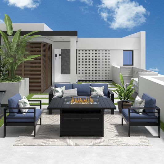 RoyalCarft Aluminum Patio Furniture Set with Fire Pit Table, 4 Piece Metal Outdoor Furniture with Water-Resistant Cushions, Modern Patio Conversation Set for Balcony, Front Porch, and Backyard,Blue