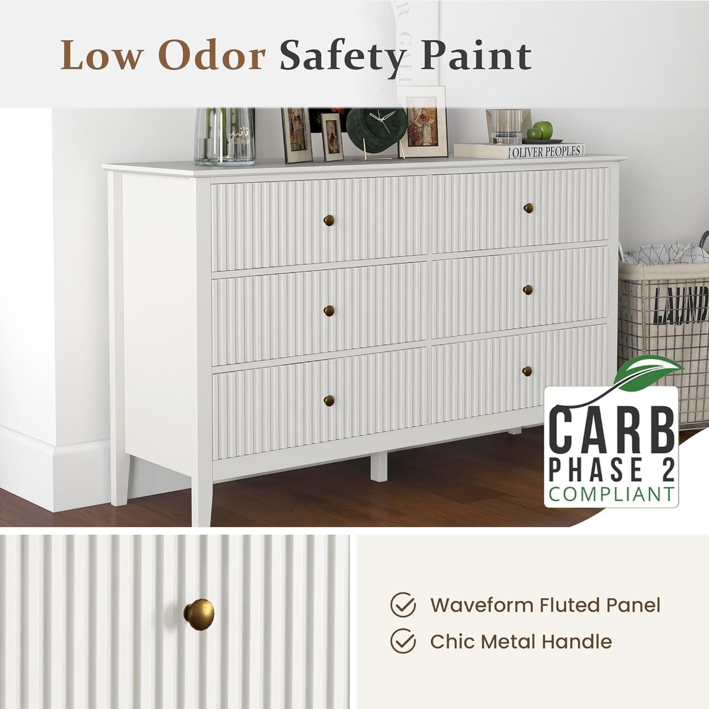Superjoe 6 Drawer White Dresser Set of 2 for Bedroom, Modern Storage Chest w/Silent Slide & Waterproof Lacquered Desktop, Wood Side Organizer Cabinet for Living Room, Study Room, Nursery