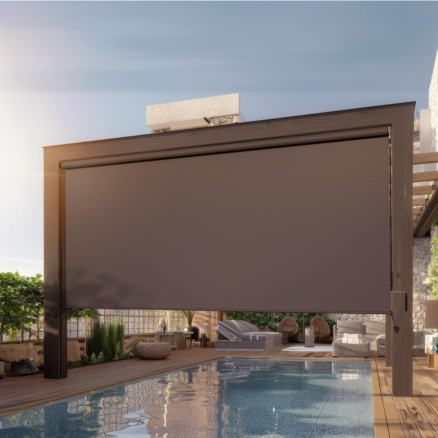 Outdoor Roller Shades for Patio New Material with 95% UV Protection, Cordless Patio Shades Roll Up Outdoor Blinds with Crank Handle for Shading, Protect Privacy, No Valance, (6' W X 8' L), Brown