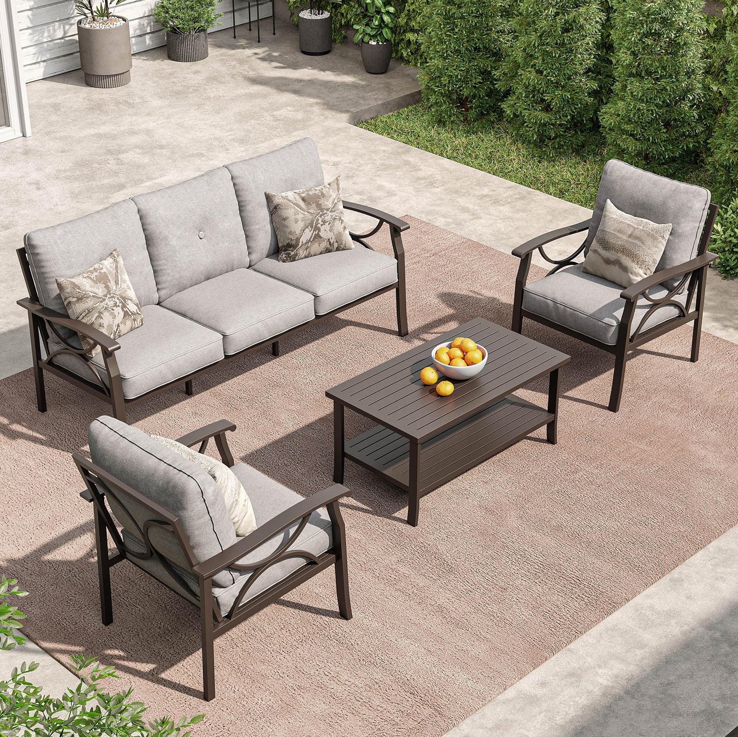 Outdoor Patio Furniture Set, 4 Piece Patio Conversation Set with Coffee Table, Metal Furniture Set for Porch Backyard Garden, Grey