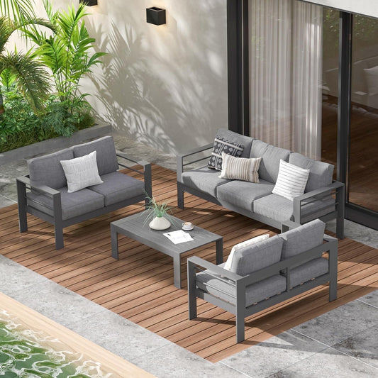 RoyalCraft 4 Aluminum Sectional Outdoor Conversation Sets with Sofa and Table, Grey/Dark Grey