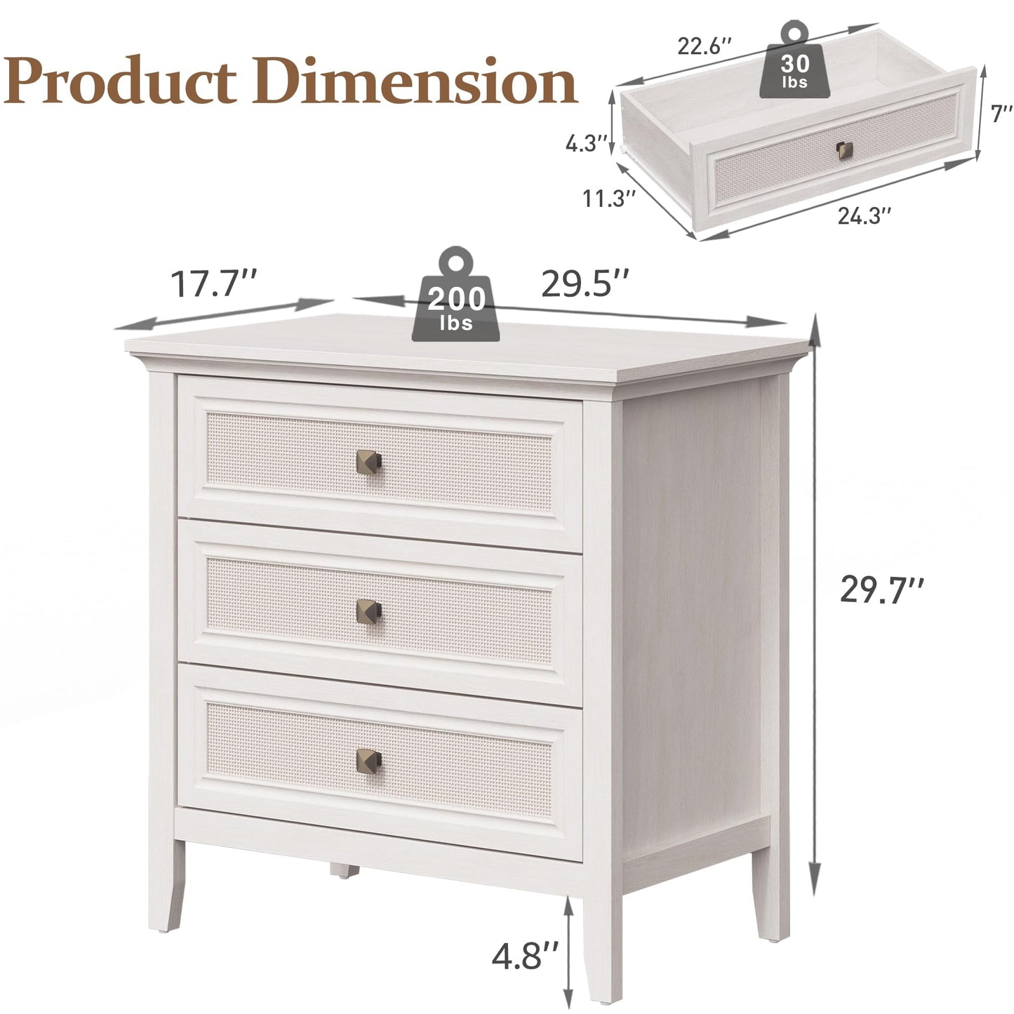 Superjoe 3 Drawer Nightstand, Rattan Dresser Table with Cane Drawers, Tall Boho Bedside Table Cabinet for Bedroom, Living Room, Entryway, Hallway, White