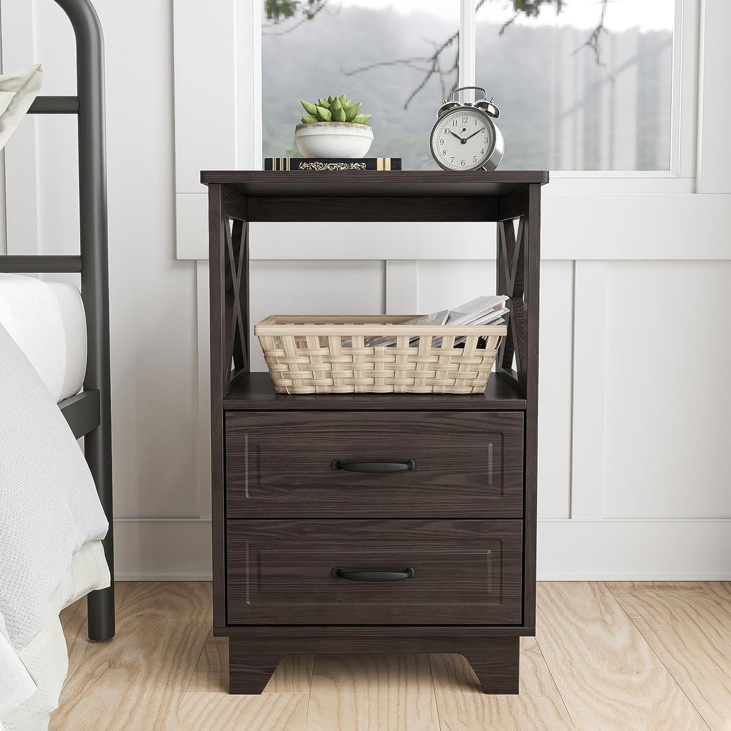 Royalcraft End Table, Side Table with X Shaped Design, Wooden Rustic End Table with 2 Large Storage Drawers and Large Open Shelf for Living Room