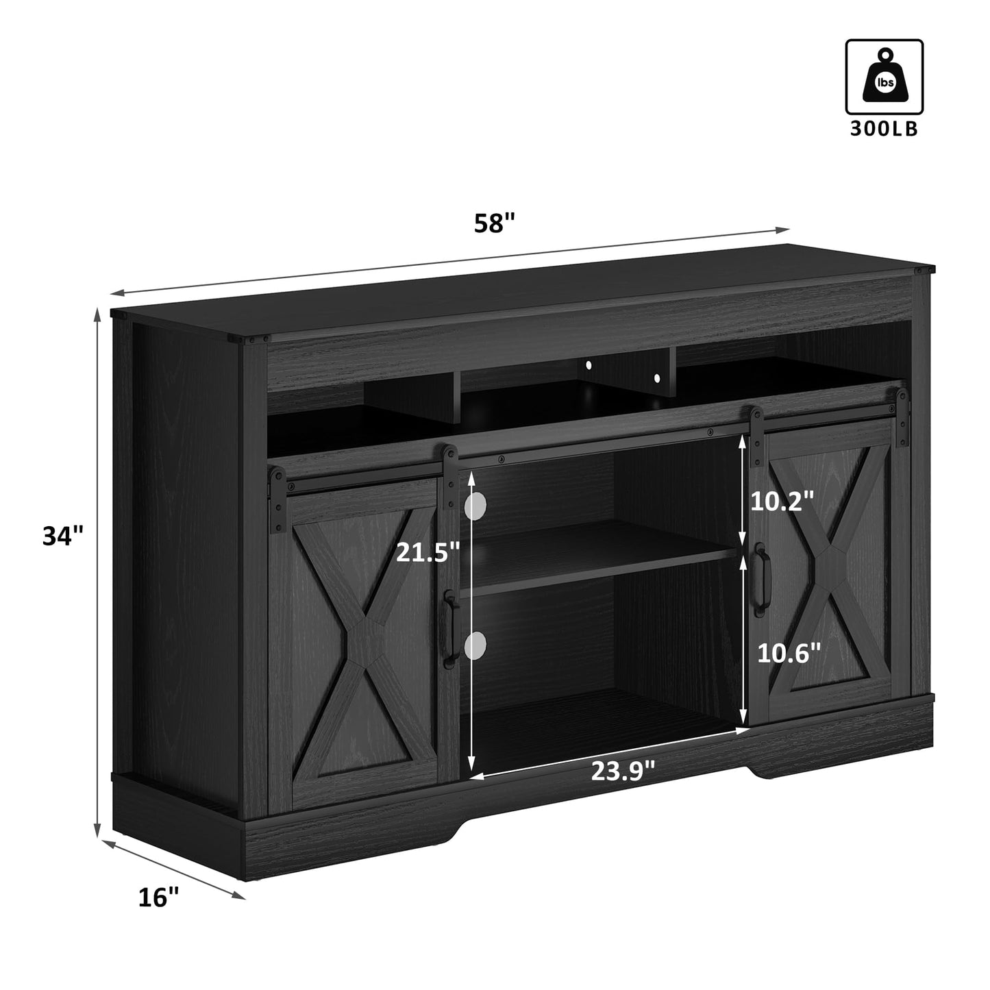 Heynemo Farmhouse TV Stand with Sliding Barn Door for TVs up to 65+ Inch, 34" Tall Entertainment Center, Wood Media Console Storage Cabinet for Bedroom, Living Room, Black