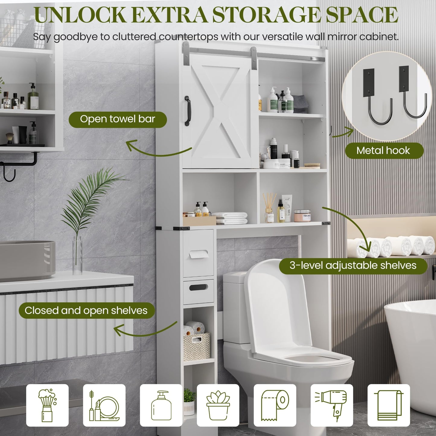 Superjoe Over The Toilet Storage Cabinet, Farmhouse Storage Cabinet Over Toilet with Sliding Barn Door, Home Space-Saving Toilet Rack, Behind Toilet Bathroom Organizer for Bathroom, White