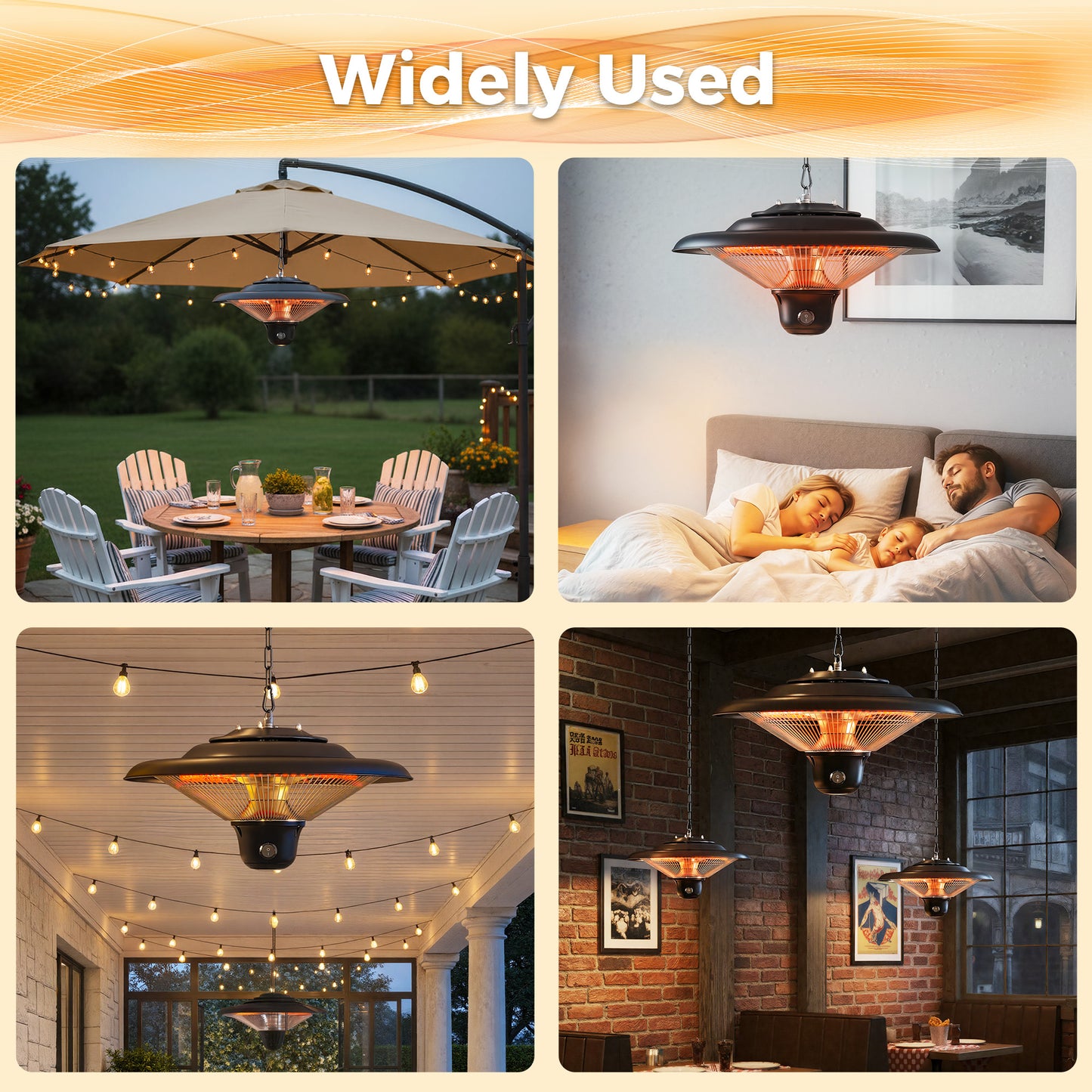 Outdoor Patio Heater, 1500W Outdoor Hanging Heater, Electric Infrared Hanging Heater with 3 Adjustable Modes, Waterproof Ceiling Heater for Porch, Garage, Balcony, Black