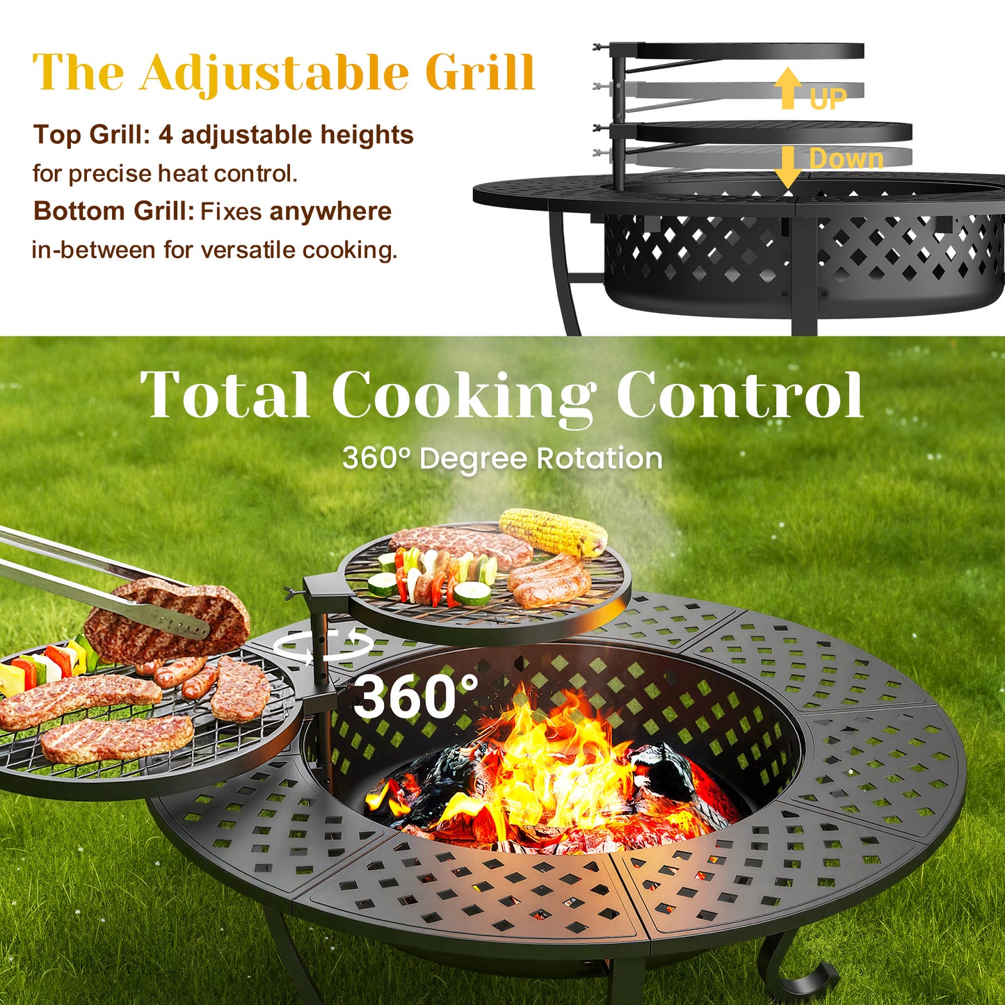 43'' Fire Pit with 2 Grills, Outdoor Wood Burning Fireplace with Lid and Fire Poker, BBQ & Bonfire & Round Metal Table 3 in 1 for Patio, Backyard, Garden, Black