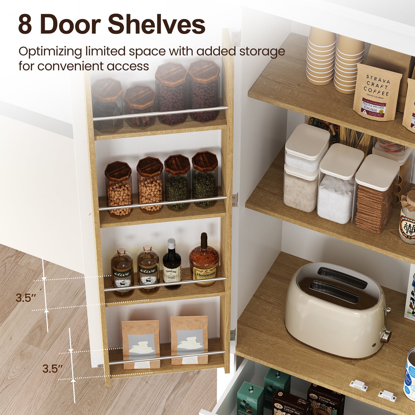 Royalcraft 70'' Tall Kitchen Pantry Cabinet, Wood Cupboard with 8 Door Storage Shelves, Large Storage Cabinet with Drawers & Adjustable Shelves for Kitchen, Dining Room, Living Room, Laundry, White