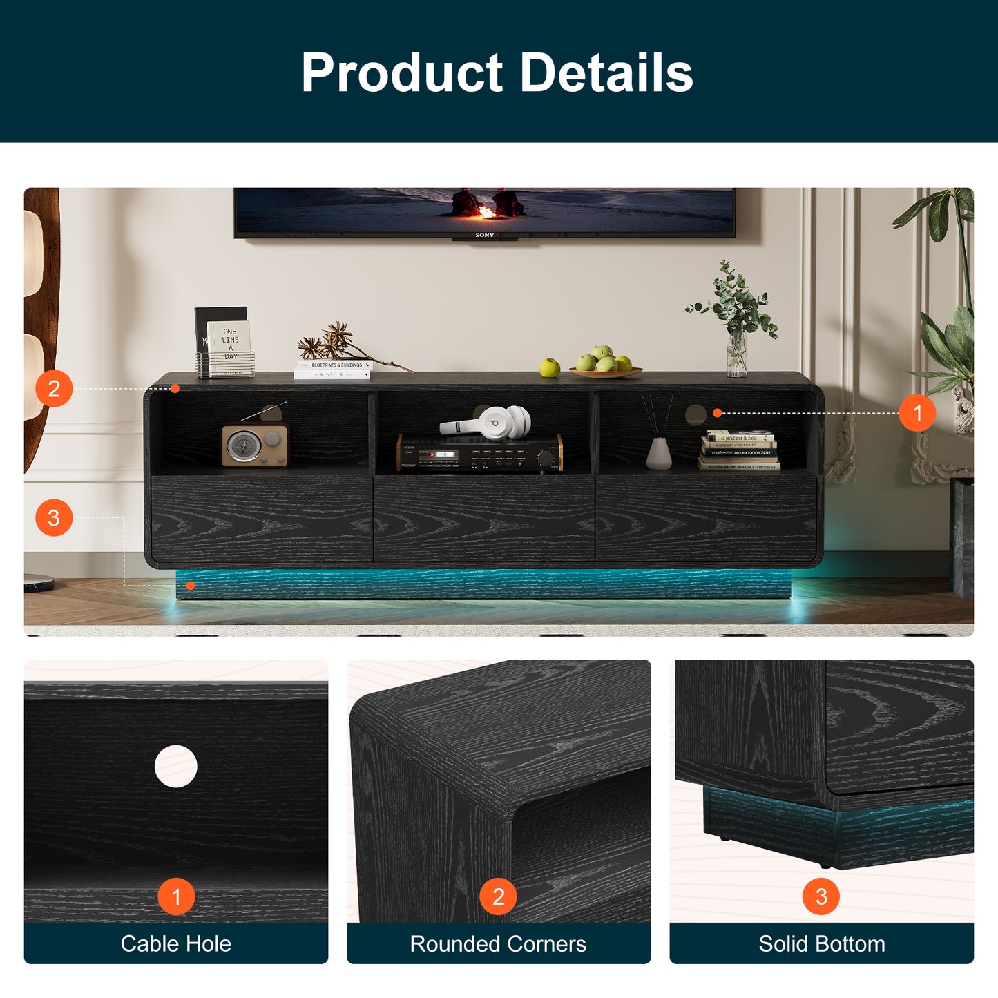 Royalcraft 59" Modern TV Stand with LED Lights, Floating Bohemian Wood Entertainment Center with Storage Drawers for Living Room & Bedroom