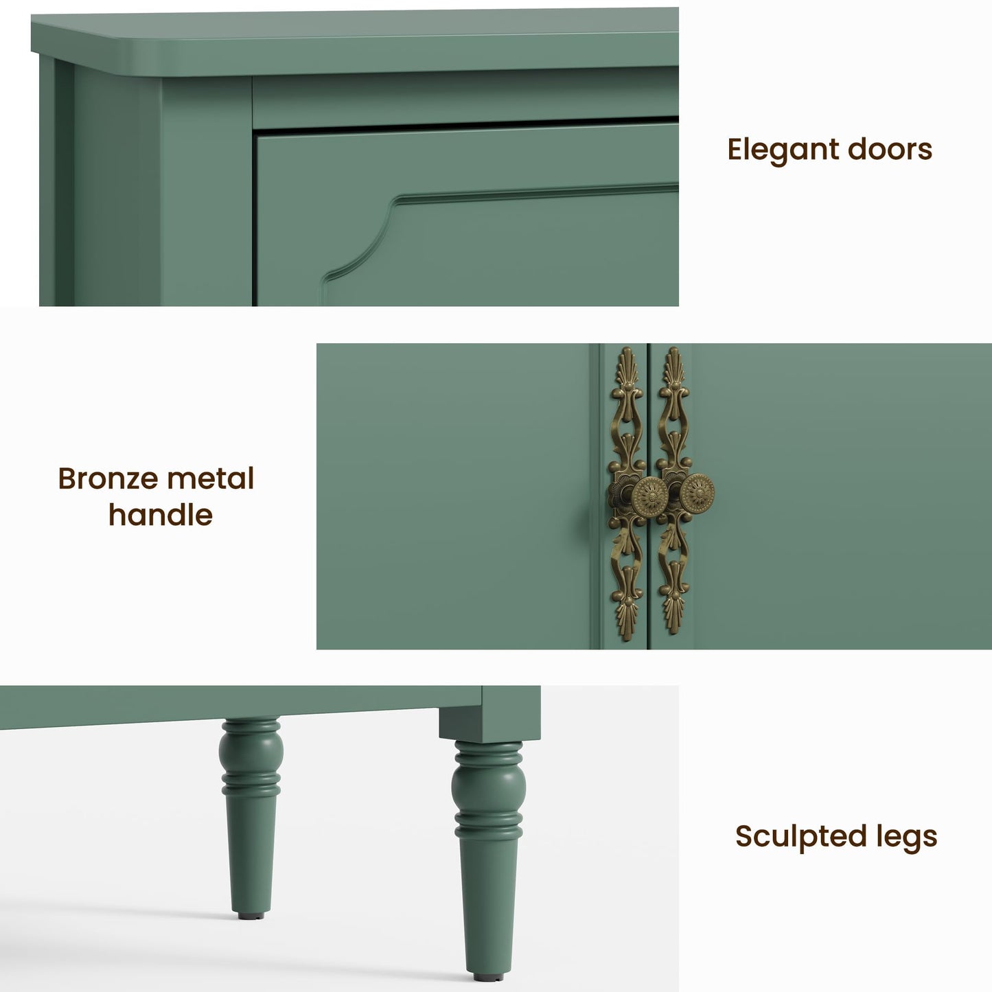 May in Color Storage Cabinet with 3 Doors, Mid-Century Sideboard Cabinet with Adjustable Shelves, Wood Buffet Cabinet with Turned Legs, Accent Cabinet for Entryway, Living Room, Dining Room, Green