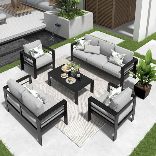 RoyalCarft Aluminum Patio Furniture Set,5 Pieces Modern Outdoor Conversation Set Sectional Sofa with Upgrade Cushion and Coffee Table,Black Frame and Grey Cushion
