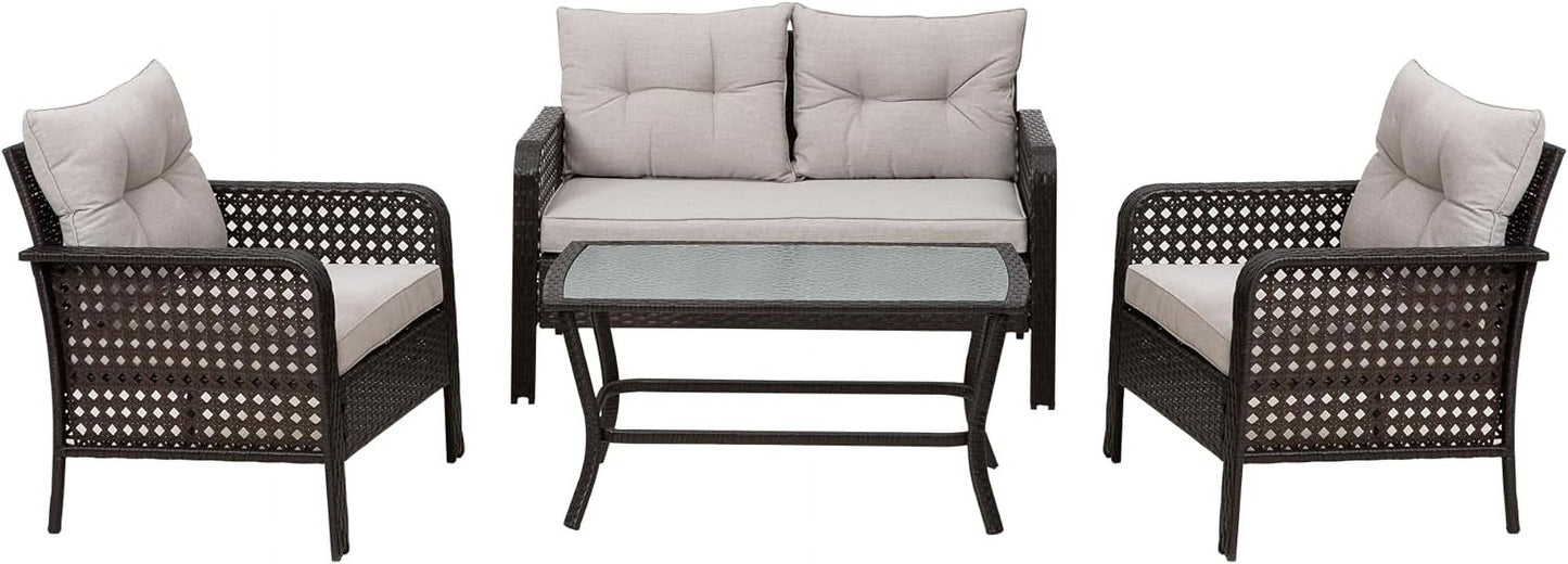 4 Pieces Patio Furniture Set, Outdoor Rattan Chair Wicker Conversation Sets with Cushions and Glass Coffee Table, for Porch Balcony Garden Backyard Deck, Brown and Khaki