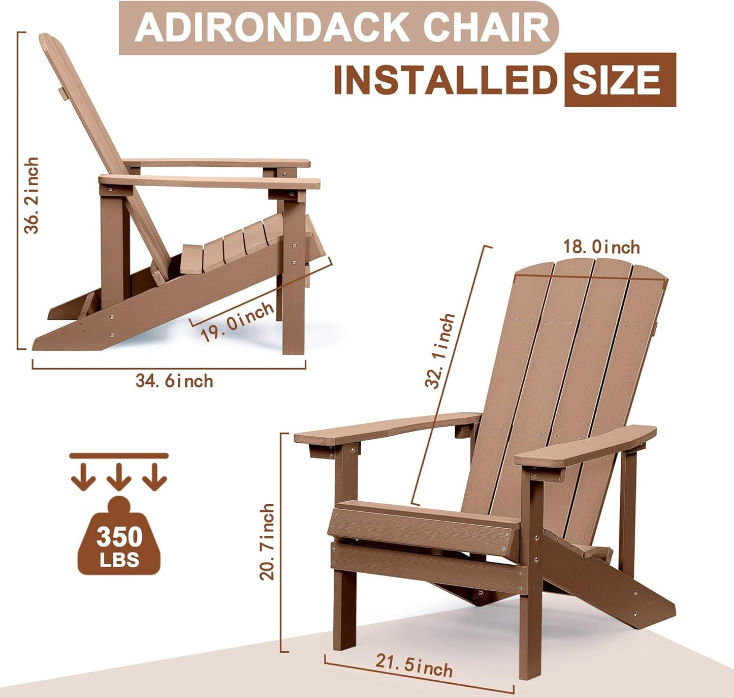 Royalcraft Adirondack Chairs, Weather Resistant Hips Plastic Fire Pit Chairs, Modern Poly Adorondic Outside Chairs, 350 LBS Adirondack Chair for Easy Assembly, White
