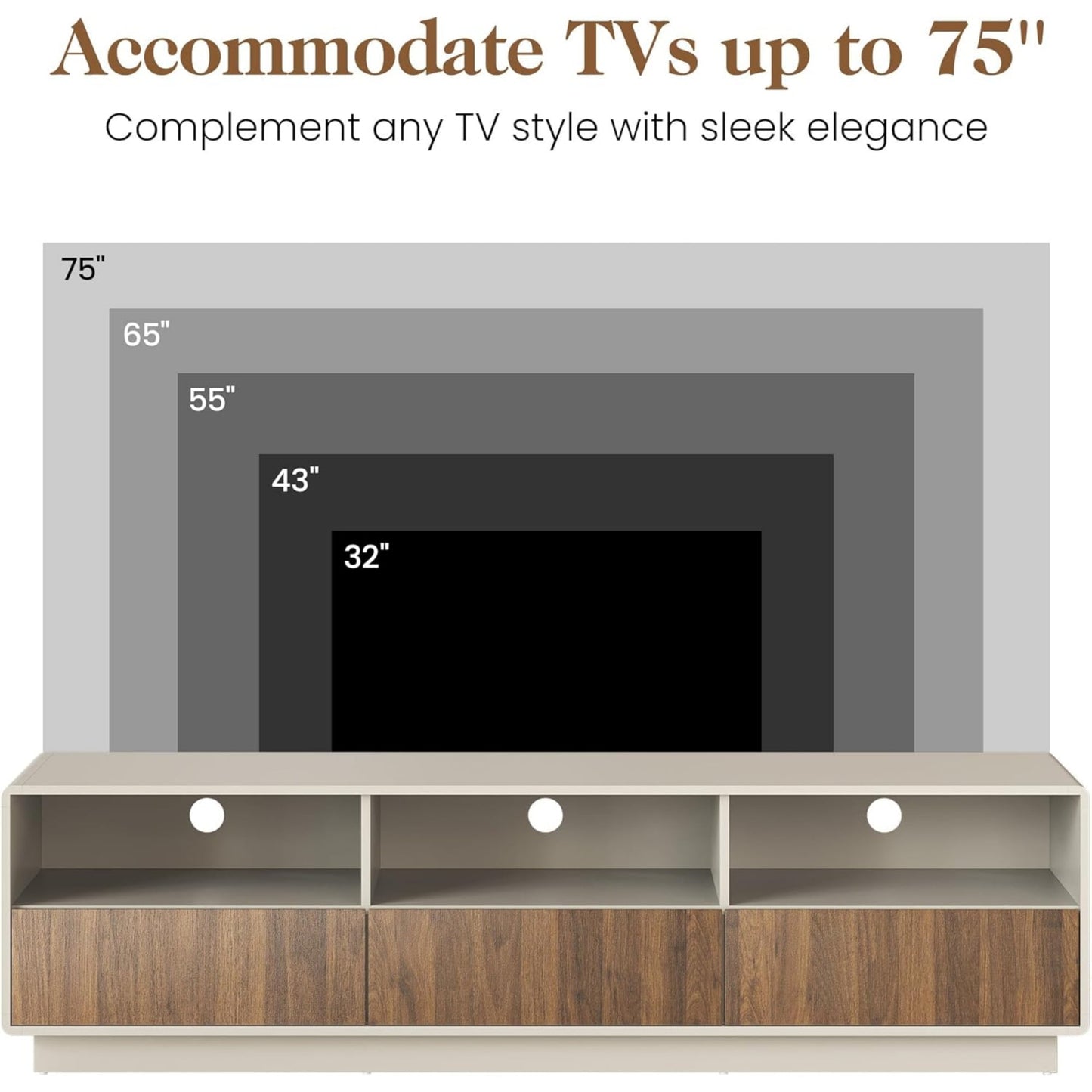 CozyHome 70" Large TV Stand with Storage and Led Lights, Console Table with 3 Drawers, TV Entertainment Center for up to 75" Television, Wood TV Media Cabinet for Living Room Bedroom, Beige & Walnut