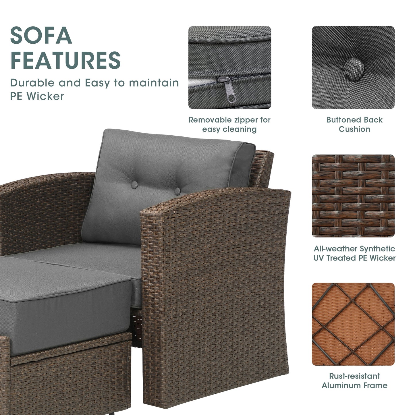 Royalcraft 4 Pieces Wicker Furniture Single Chair with Ottoman,All-Weather Brown Rattan Outdoor ArmChair Sofa Set with Dark Grey Non-slip Cushions,Aluminum Frame
