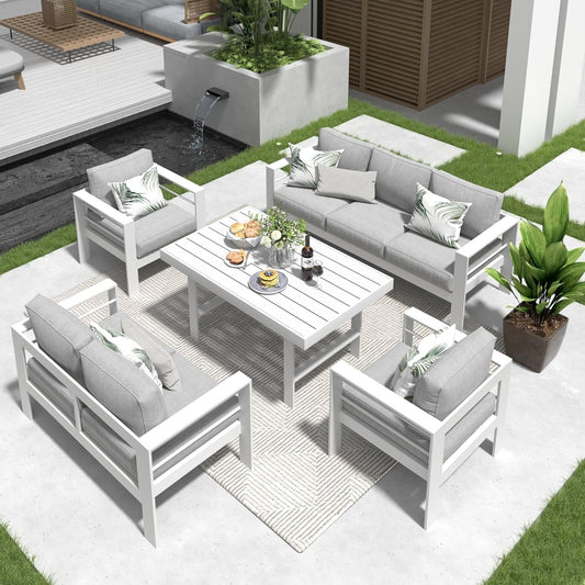 RoyalCarft Aluminum Patio Furniture Set,5 Pieces Modern Outdoor Conversation Set Sectional Sofa with Upgrade Cushion and Dining Table, White