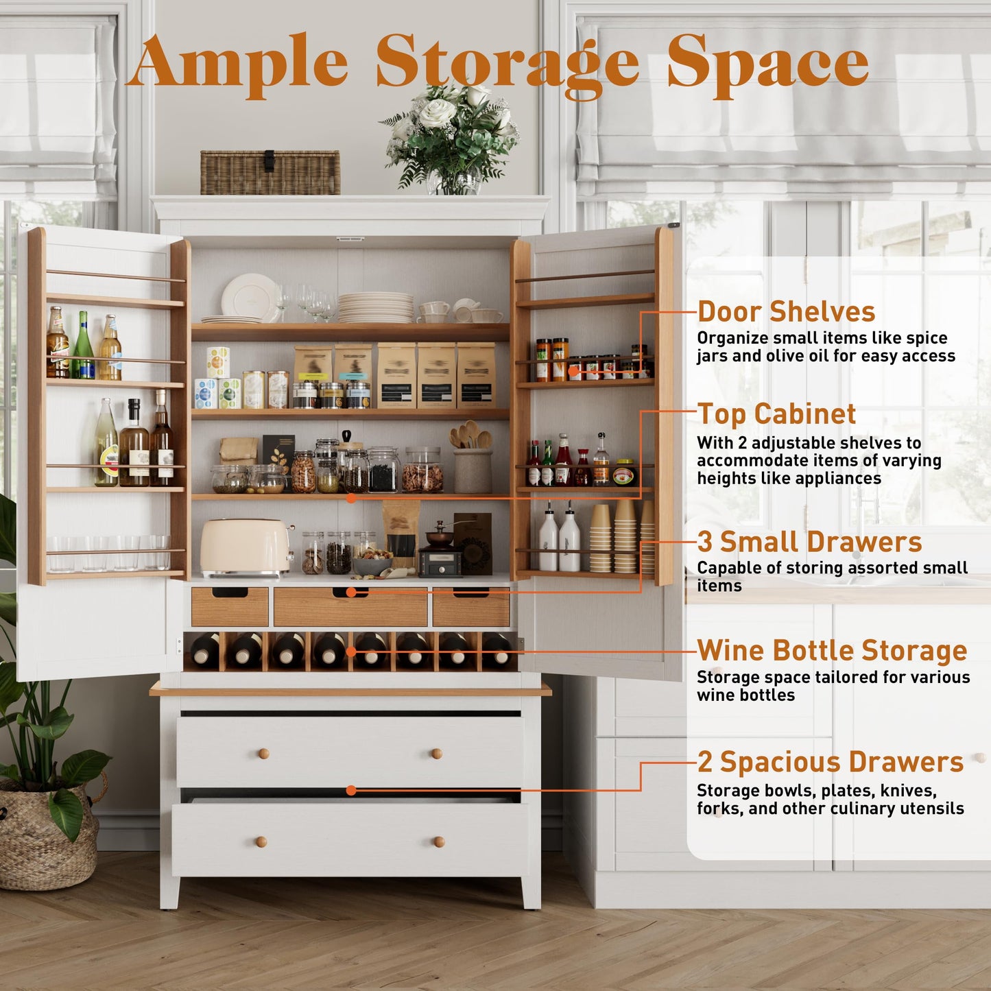 Superjoe 70'' Kitchen Pantry Cabinet, Tall Storage Cabinet , Freestanding Cupboard with 8 Hanging Shelves and Adjustable Shelves for Kitchen, Dinging Room,Living Room, White